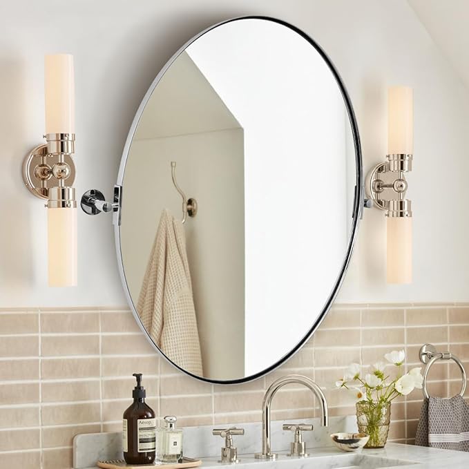 ANDY STAR Oval Bathroom Mirror, 24" x 32" Chrome Stainless Steel Metal Frame Vanity Mirror for Over Sink with Adjustable Tilting Design, Pivoting Mirror for Modern Wall Decor