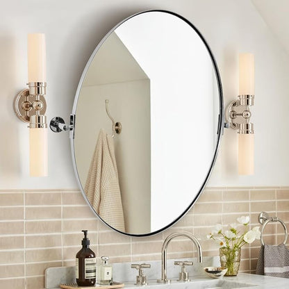 ANDY STAR Oval Bathroom Mirror, 24" x 32" Chrome Stainless Steel Metal Frame Vanity Mirror for Over Sink with Adjustable Tilting Design, Pivoting Mirror for Modern Wall Decor