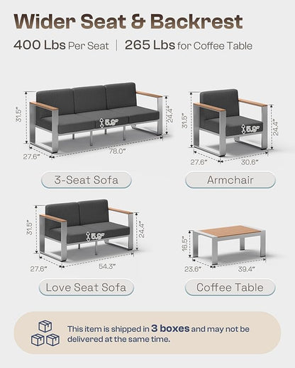 Aluminum Patio Furniture Set, 5 Seats Outdoor Patio Conversation Sets with Ergonomic Seat and Washable Thick Cushions, Modern Outdoor Sectional Furniture for Balcony, Porch (Teak-Charocal)