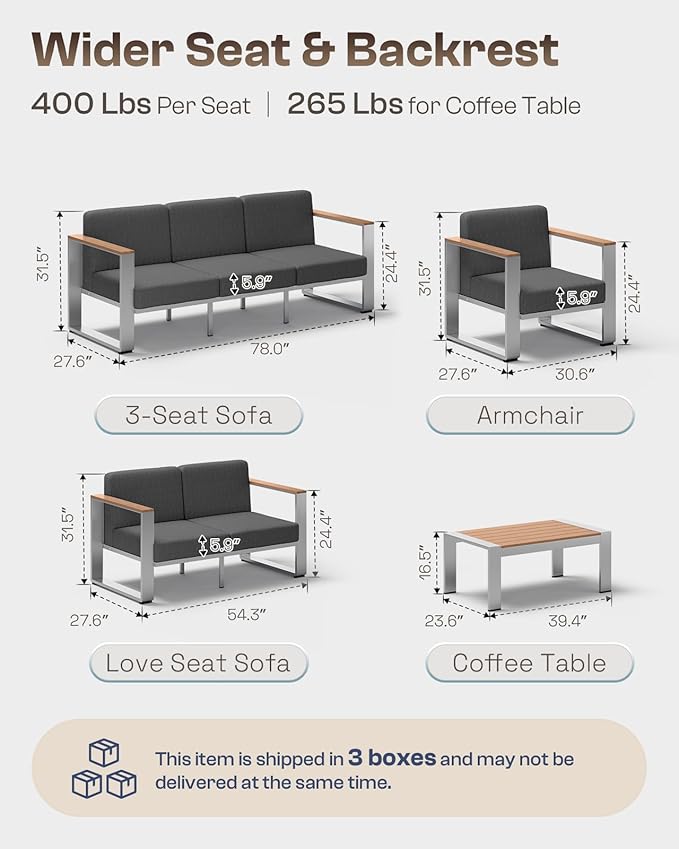Aluminum Outdoor Furniture Set, 4 Seats Outdoor Patio Conversation Sets with Ergonomic Seat and Wide Thick Cushions, Modern Patio Sectional Furniture for Balcony, Porch (Teak-Charocal)