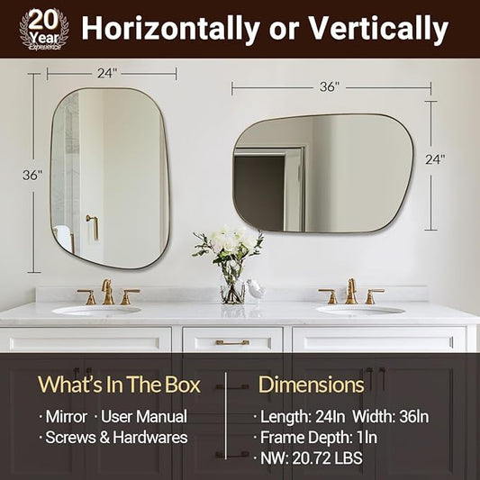 ANDY STAR Gold Bathroom Mirror, 24"x36" Brushed Brass Asymmetrical Wall Mirror in Stainless Steel Metal Frame, Unique Vanity Mirror with Modern Curved Design, Ideal for Bathroom, Bedroom, Entryway