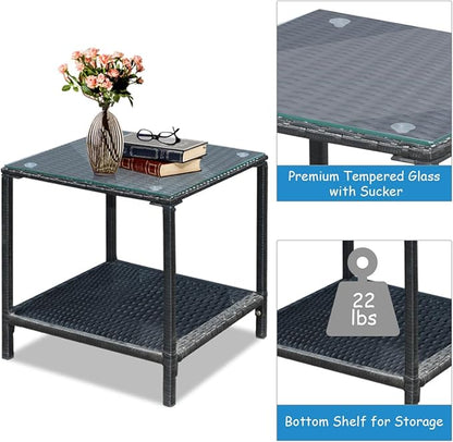 COSTWAY 3 Pieces Patio Rattan Rocking Chair Set, Outdoor Conversation Furniture Sets with Coffee Table, Storage Shelf and Cushions, Modern Bistro Set for Porch, Backyard, Garden, Gray