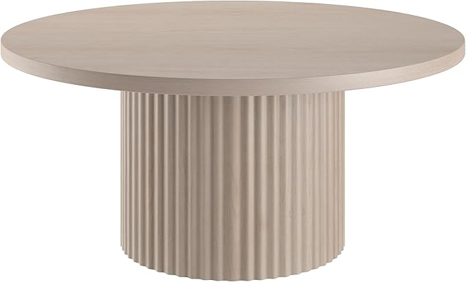 Henn&Hart 32" Fluted Round Wood Pedestal Low-Profile Coffee Table for Living Room, Family Room, Office, or Apartment, Alder White