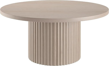 Henn&Hart 32" Fluted Round Wood Pedestal Low-Profile Coffee Table for Living Room, Family Room, Office, or Apartment, Alder White