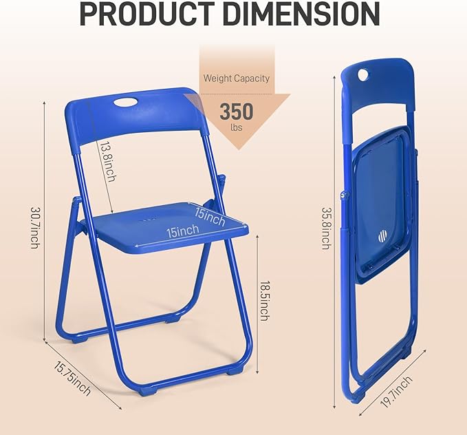Karl home 4 Pcs Folding Chair, 300LBS Lightweight Foldable Plastic Chair, Reinforced Metal Frame Easy to Fold & Store for Indoor & Outdoor, Wedding, Party, Meeting Room, Patio and Garden, Blue