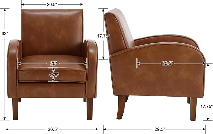 Mid Century Modern Armchair Brown Faux Leather Accent Chair with Arm Comfy Chairs Reading Chair Sofa Chair for Living Room, Rubber Wood Legs