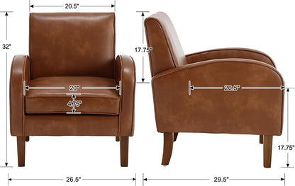 Mid Century Modern Armchair Brown Faux Leather Accent Chair with Arm Comfy Chairs Reading Chair Sofa Chair for Living Room, Rubber Wood Legs
