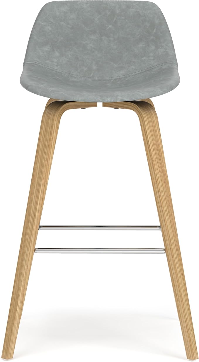 SIMPLIHOME Randolph Counter Stools (Set of 2) - 28 Inch Seat Height Upholstered Bentwood Kitchen Seats in Stone Grey PU Faux Leather, Mid Century Modern Seating with Curved Backrest and Footrest