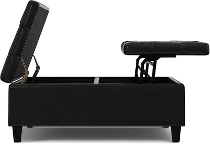 SIMPLIHOME Harrison Large Coffee Table Storage Ottoman - 40 inch Wide Upholstered Vegan Leather Square Lift-Top Ottoman in Midnight Black, Transitional Bench for Living Room with Sturdy Base