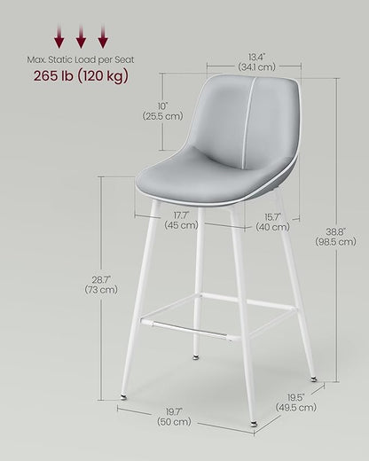 VASAGLE Bar Stools Set of 2, Bar Height Bar Stools with Back, Ergonomic Backrest, Synthetic Leather, Metal Legs, 28.7-Inch Tall Barstools for Kitchen Island Home Bar, Easy Assembly, Dove Gray