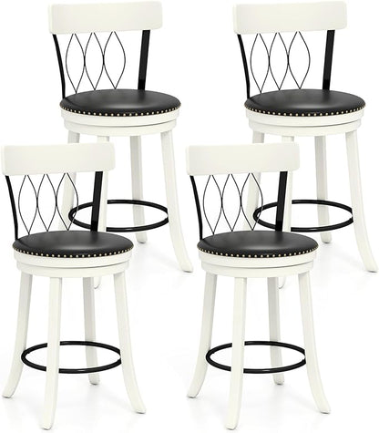COSTWAY Bar Stools Set of 4, 26” Seat Height Swivel Barstools with Ergonomic Backrest, Soft Cushion & Footrest, Rubber Wood Counter Height Bar Chairs Upholstered Dining Chairs for Kitchen Island