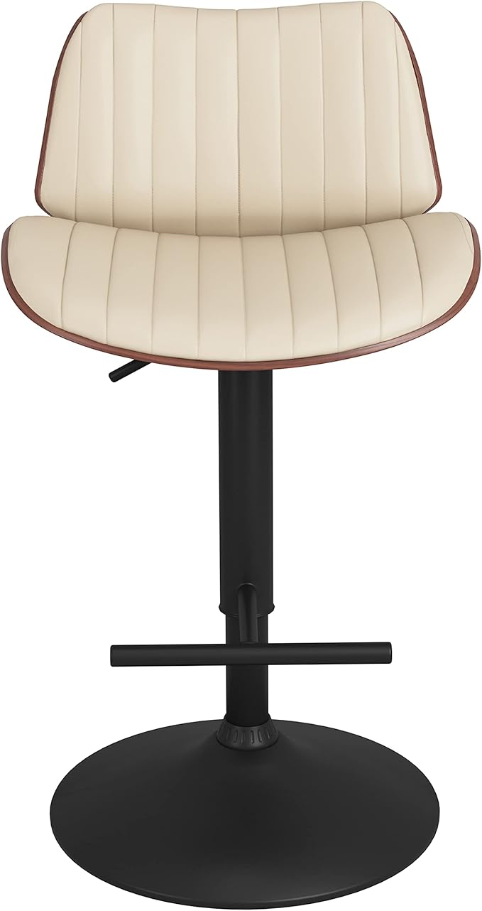 SIMPLIHOME Goulding Adjustable Swivel Bar Stool - 33 inch Seat Height Upholstered Metal Chair in Cream Vegan Faux Leather, Mid Century Seating for Kitchen or Bar with Curved Bentwood Back