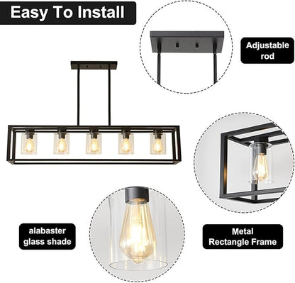 Farmhouse Dining Room Light Fixture Kitchen Island Pendant Lighting Rectangle Black Dining Room Lighting Fixture Modern Pendant Contemporary Chandeliers with Glass Shade Adjustable