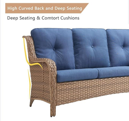 HUMMUH Patio Furniture 7 Pieces Outdoor Furniture Set PE Wicker Patio Couch with Swivel Rocker Chairs,Patio Ottomans,Outdoor Tables, Yellow/Blue