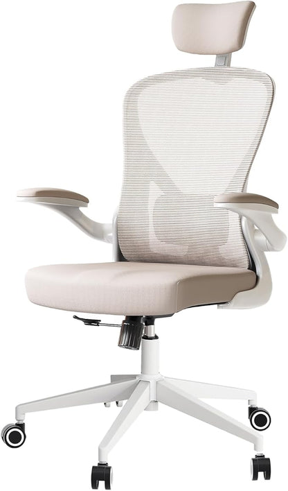 Ergonomic Office Chair with Adjustable Flip-Up Armrests & Lumbar Support - Thickened Cushion Desk Chair with Wheels, Comfy Home Office Computer Chair