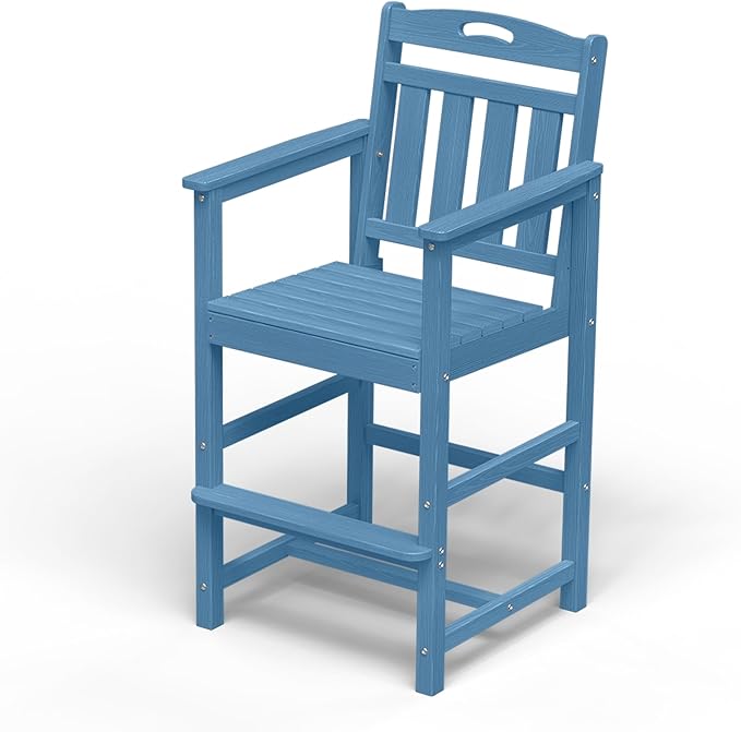 Outdoor Patio Bar Height Chair, All-Weather HDPE Tall Balcony Adirondack Stools for Bistro, Garden, Backyard, Deck | Blue