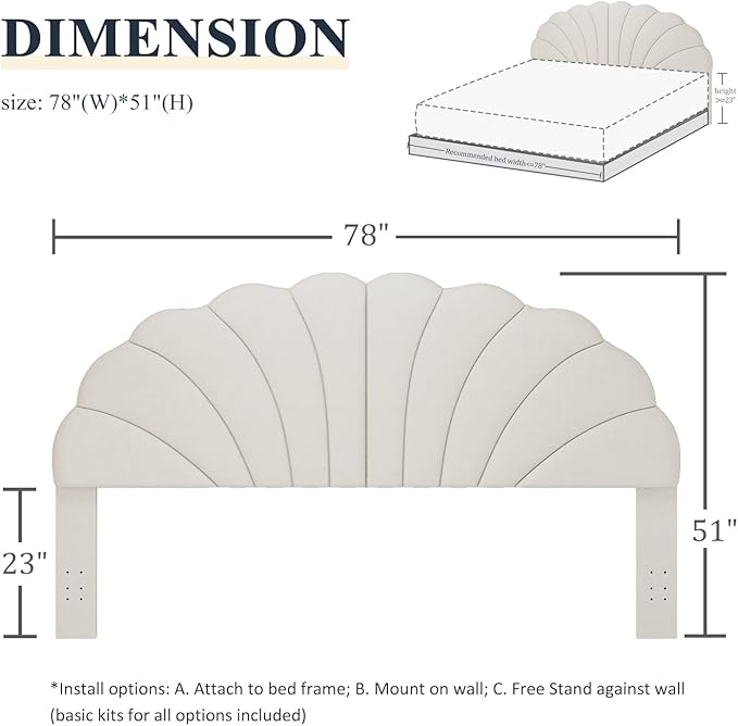King Size Headboard Only, Petal Wall Mount Headboard King/California King Size for Adjustable Bed Velvet Upholstered Head Board Easy Assembly, Cream
