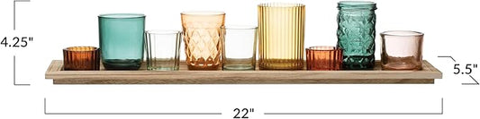 Creative Co-Op Round Glass Votive Holders on Wood Tray, Yellows & Greens, Set of 9