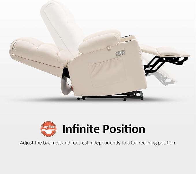 MCombo Medium Lay Flat Dual Motor Power Lift Recliner Chair Sofa with Massage and Heat for Elderly People, Infinite Position, Faux Leather 7679 (Cream White, Medium)