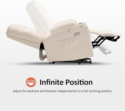 MCombo Medium Lay Flat Dual Motor Power Lift Recliner Chair Sofa with Massage and Heat for Elderly People, Infinite Position, Faux Leather 7679 (Cream White, Medium)