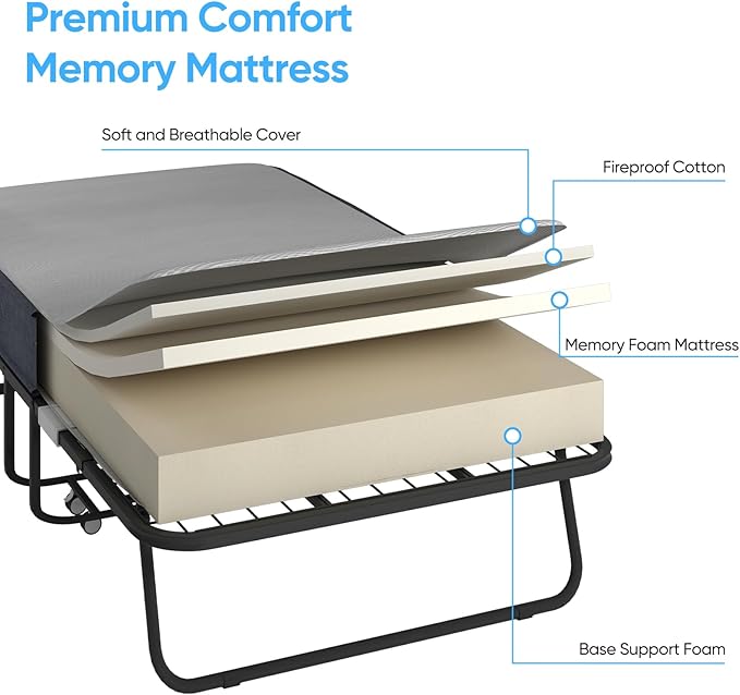 Mjkone Folding Bed with Mattress for Adults, 5 Inch Rollaway Bed for Adults, Space Saving Portable Bed with Lockable Wheels, Sturdy Metal Folded Frame and Memory Foam for Bedroom/Guest（75" x 46"）