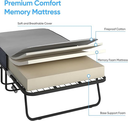 Mjkone Folding Bed with Mattress for Adults, Rollaway Bed with Mattress, Space Saving Fold Up Bed with Lockable Wheel, Sturdy Foldable Frame and Memory Foam for Bedroom/Guest (75" x 38")