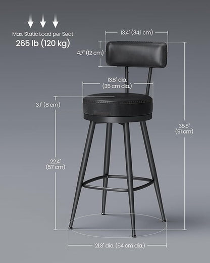 VASAGLE EKHO Collection - Bar Stools Set of 2, Swivel Counter Height Bar Stools with Back, Synthetic Leather with Stitching, Mid-Century Modern, 25.6-Inch Tall Barstools for Kitchen Bar, Ink Black