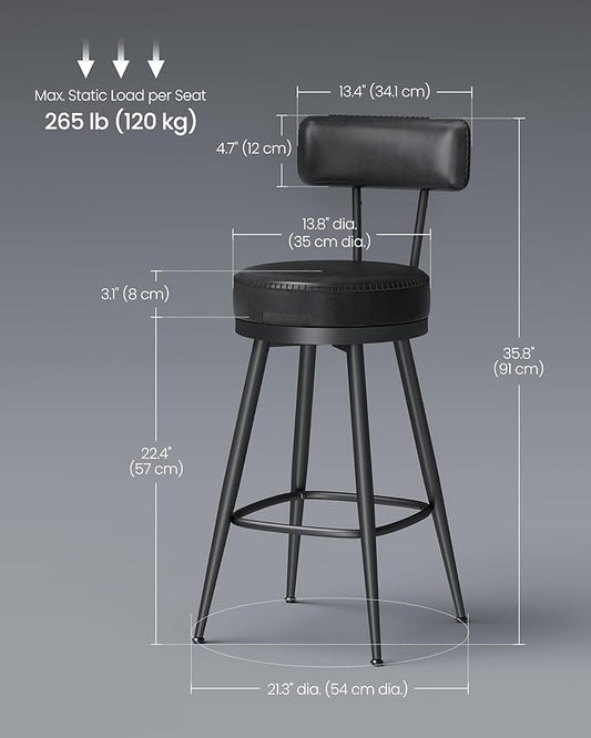 VASAGLE EKHO Collection - Bar Stools Set of 2, Swivel Counter Height Bar Stools with Back, Synthetic Leather with Stitching, Mid-Century Modern, 25.6-Inch Tall Barstools for Kitchen Bar, Ink Black