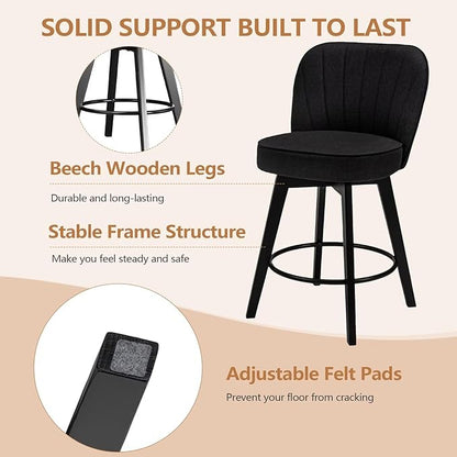MINCETA Bar Stools Set of 2, 26 Inch Upholstered Barstools with Backrest and Footrest, Swivel Counter Height Barstools for Kitchen Island Home Bar Black