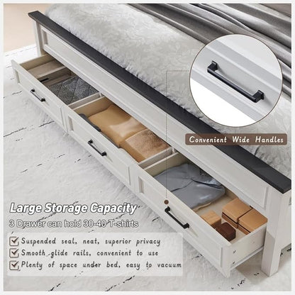 ACCOHOHO Farmhouse Queen Size Bed Frame with 52" Tall Headboard, Wood Platform Bedframe with Footboard and Storage Drawers, No Squeak, No Box Spring Needed, Off White
