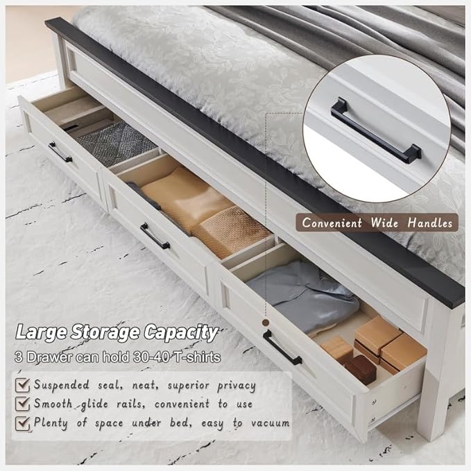 ACCOHOHO Farmhouse King Size Bed Frame with 52" Tall Headboard, Wood Platform Bedframe with Footboard and Storage Drawers, No Squeak, No Box Spring Needed, Off White