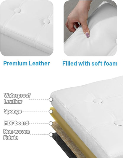 AmasSmile Storage Ottoman Folding Foot Rest Stool, Leather Footstool Bench, Short Ottoman Stool, Storage Foot Rest Store, Books (White, 17" D x 13" W x 13" H)