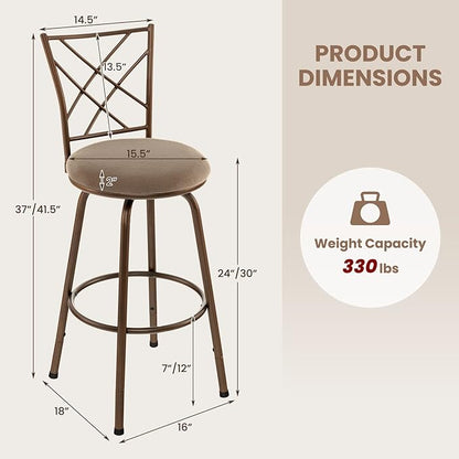 COSTWAY Bar Stools for Kitchen Island, 24/30 Inch Adjustable Seat Height Swivel Barstools, Plush Fabric Cushioned Seat & Cozy Backrest, Extra Leg Tubes for Height Adjustment, for Kitchen, Bar (2)