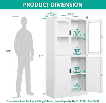 SISESOL Storage Cabinet with Glass Doors and Shelves, Freestanding Kitchen Pantry Cabinet for Home, Office, Bathroom