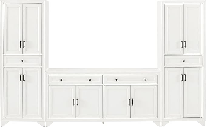 Crosley Furniture Tara 3-Piece Modern Farmhouse Sideboard Buffet Cabinet and Kitchen Storage Pantry Set, Distressed White