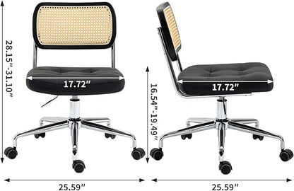 Mid Century Modern Home Office Chair with Wheels, Armless Leather Rattan Desk Chair, Upholstered Adjustable Height Swivel Computer Chair, Black