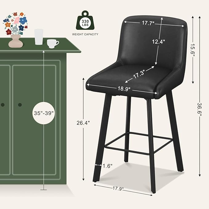Swivel Bar Stools, 26''H Upholstered Barstools with Backs, Modern Counter Height Bar Stool Chairs for Kitchen Island, Metal Legs (Black- Faux Leather, Set of 6-26" H)