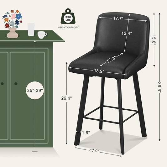 Swivel Bar Stools, 26''H Upholstered Barstools with Backs, Modern Counter Height Bar Stool Chairs for Kitchen Island, Metal Legs (Black- Faux Leather, Set of 3-26" H)