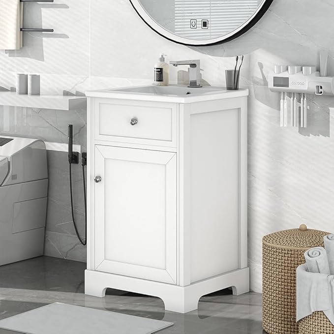 22" Bathroom Vanity Cabinet, Modern Freestanding Bathroom White Small Bathroom Storage Cabinet with Sink Combo and Adjustable Shelve for Small Space (20"× 18"×34")