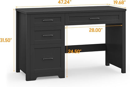 Vabches Farmhouse 47" Executive Desk with File Drawer, Wood Computer Desk with 3 Storage Drawers, Workstation for Home Office, Study, Writing.Black.