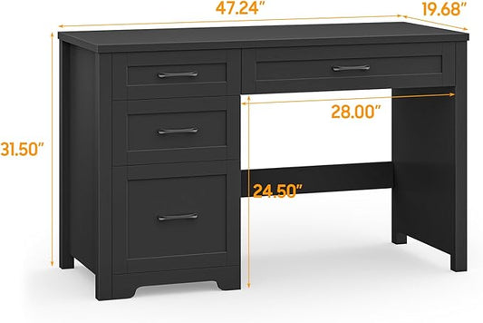 Vabches Farmhouse 47" Executive Desk with File Drawer, Wood Computer Desk with 3 Storage Drawers, Workstation for Home Office, Study, Writing.Black.