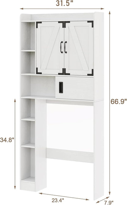 ChooChoo Over The Toilet Storage Cabinet, Farmhouse Bathroom Storage Cabinet with Sliding Door, Over Toilet Storage with Adjustable Shelves, Space-Saving, White