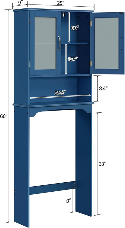 Yaheetech Over The Toilet Storage Cabinet, Free Standing Toilet Rack with Adjustable Shelves and Tempered Glass Doors for Bathroom Washroom, Navy Blue