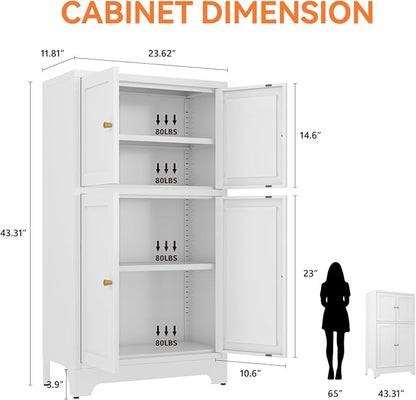 Metal Bathroom Storage Cabinet, Freestanding Pantry Floor Cabinet with 4 Doors and 2 Adjustable Shelves for Living Room, Dining Room, Kitchen (White, 43.3" H-4 Doors)