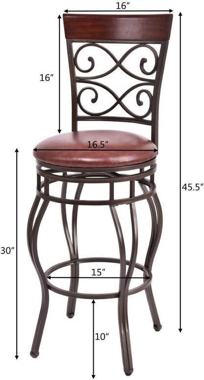 COSTWAY Bar Stools Set of 2, 360 Degree Swivel, 30" Bar Height Bar Stools, Leather Padded Seat Bistro Dining Kitchen Pub Metal Chairs with Back for Kitchen Island (Set of 2)