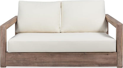 Christopher Knight Home Rammus 2 Pieces Outdoor Conversation Set, Acacia Wood Chat Set, Rectangular Coffee Table and Patio Loveseat Sofa, Slat Design Patio Furniture Set for Garden, Beige + Brown