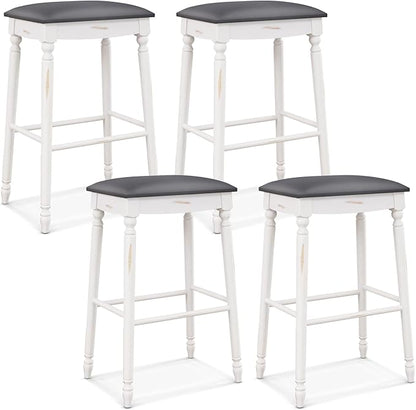 COSTWAY Upholstered Bar Stools Set of 4, 29-Inch Backless Counter Height Dining Stools with Delicate Wood Carving, Footrest, Solid Rubber Wood Frame, Farmhouse BarStools for Kitchen Island Bar, White