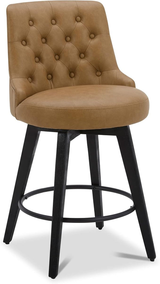 Watson & Whitely Counter Height Bar Stools, Faux Leather Upholstered Modern Swivel Barstool with Back, Solid Wood Legs, 26" H Seat, Cognac