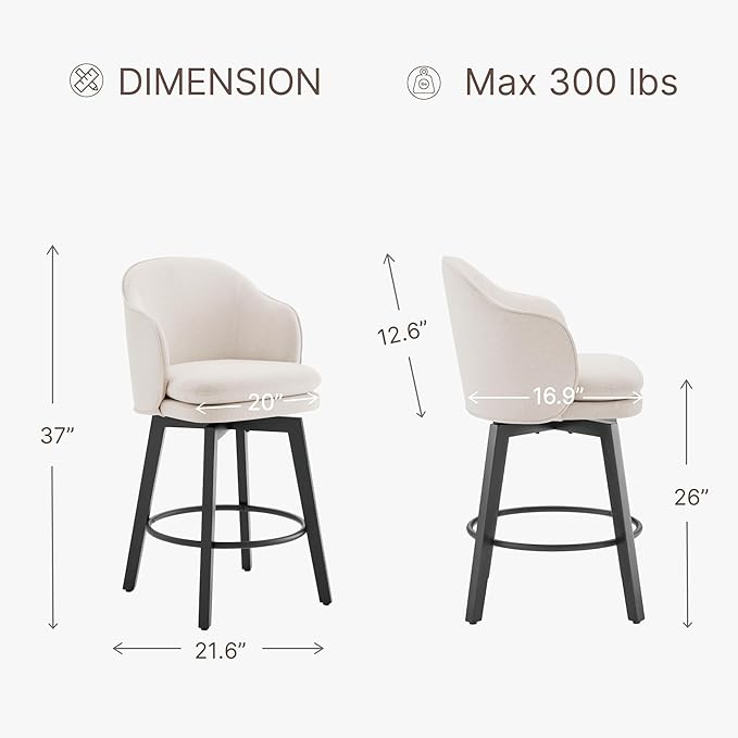Counter Height Barstools 26 inch Upholstered Swivel Bar Stools with Back and Wood Legs for Kitchen Island,Set of 1,Beige Fabric