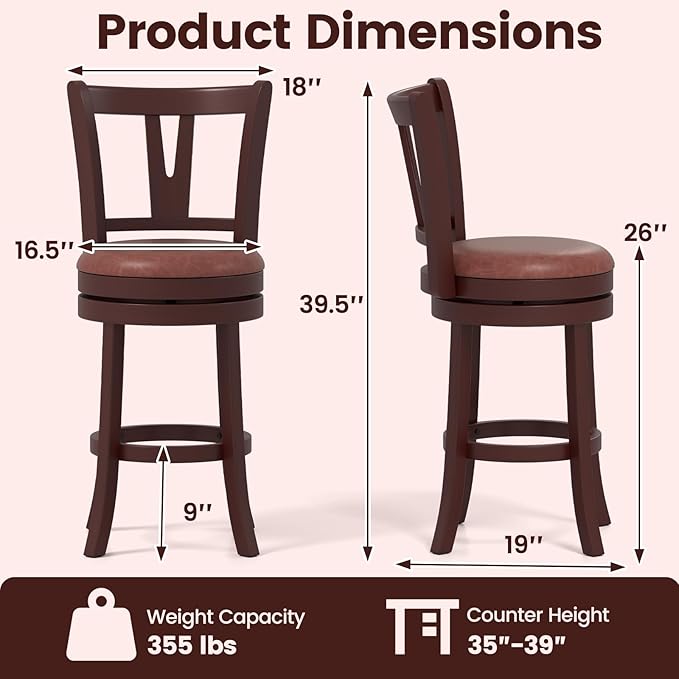 COSTWAY Barstools Set of 2, Faux Leather Upholstered Bar Stools with High Backs and Footrests, Armless Kitchen Island Dining Chairs with Solid Wood Legs, Cappuccino (2, 26'' Seat Height)